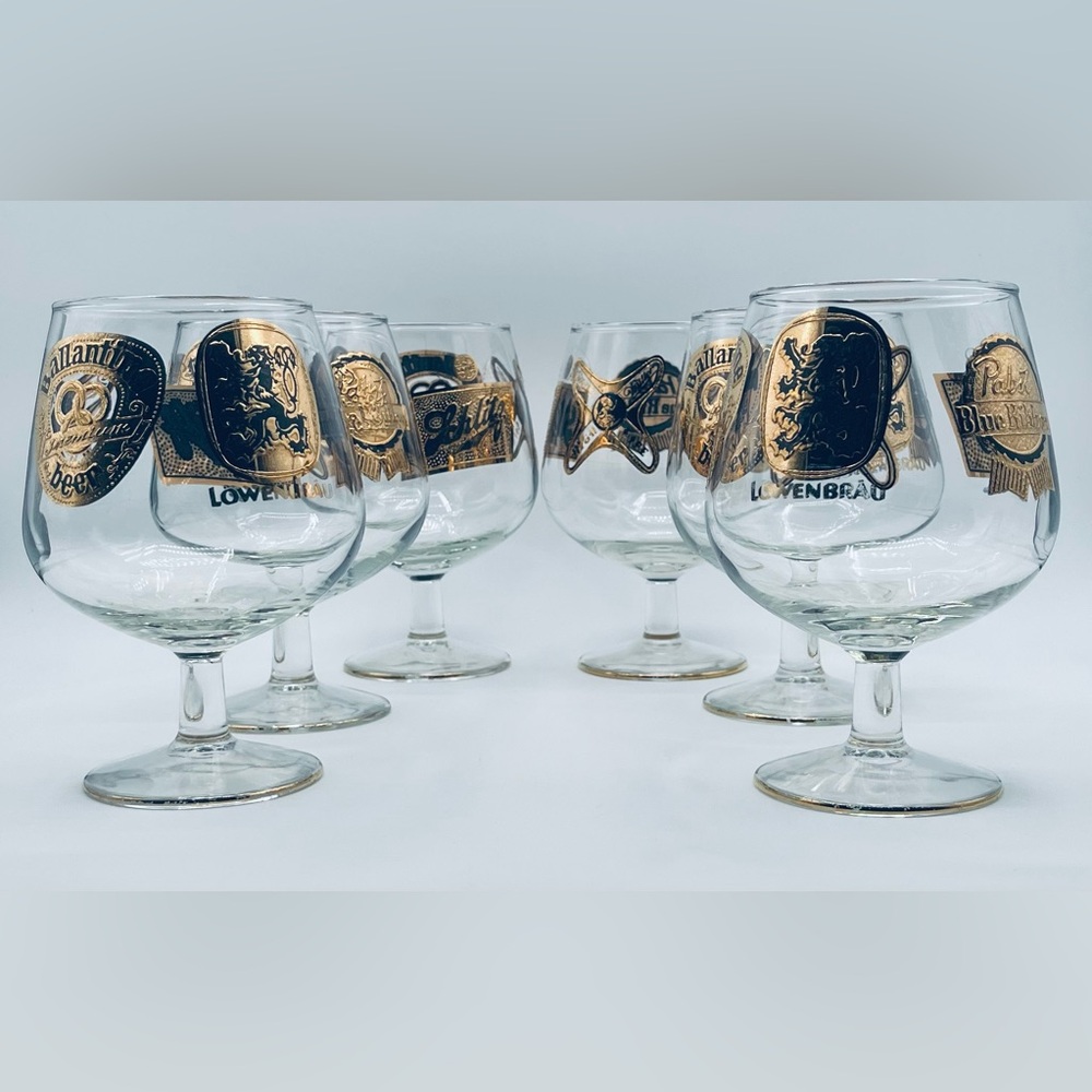 6 Vintage MCM brandy snifter glasses gold cognac barware advertising 5 Brewers